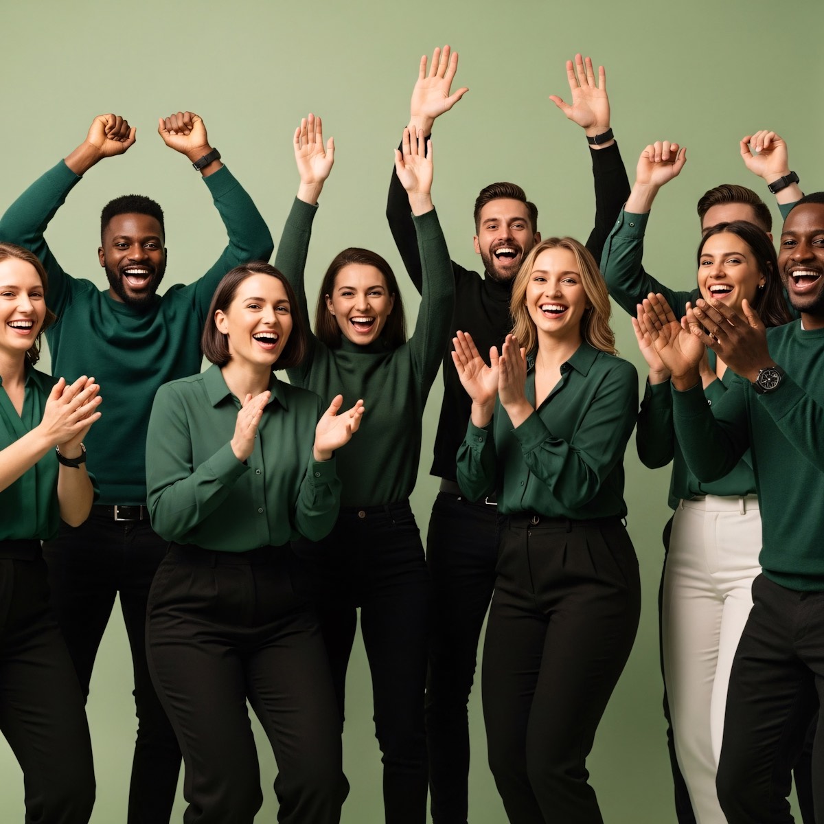 A group of young professionals in dark green outfits cheering with raised hands