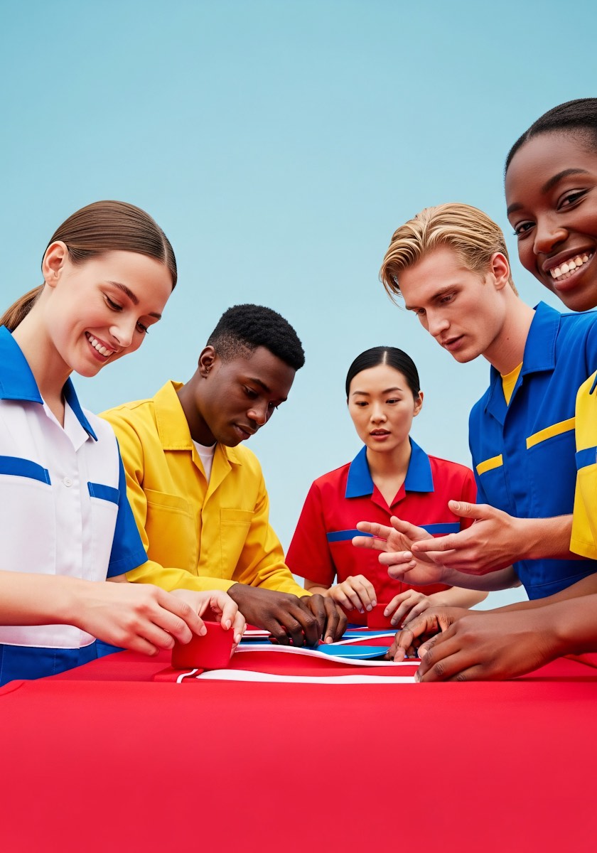 Young people in colorful uniforms working together around a red table